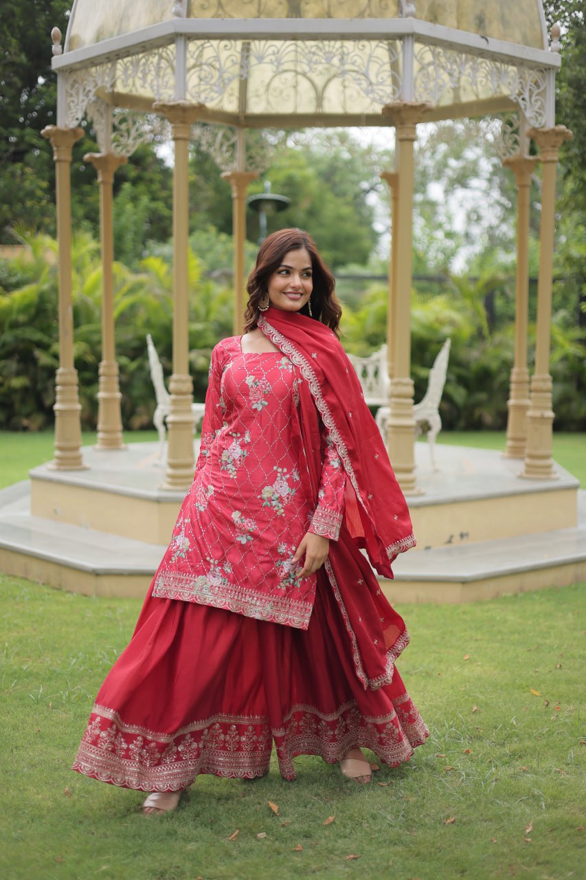 Lovely Chinon Printed Sequins Thread Worked Top Palazzo Suit - Ethnicwish