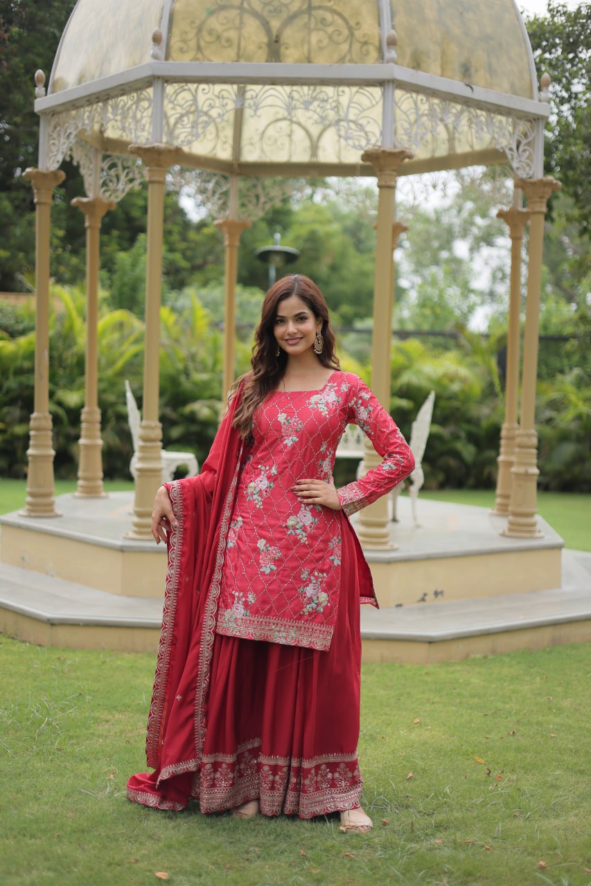 Lovely Chinon Printed Sequins Thread Worked Top Palazzo Suit - Ethnicwish