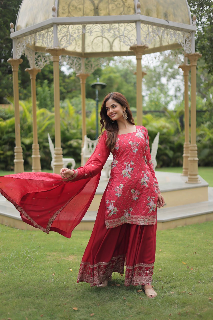 Lovely Chinon Printed Sequins Thread Worked Top Palazzo Suit - Ethnicwish
