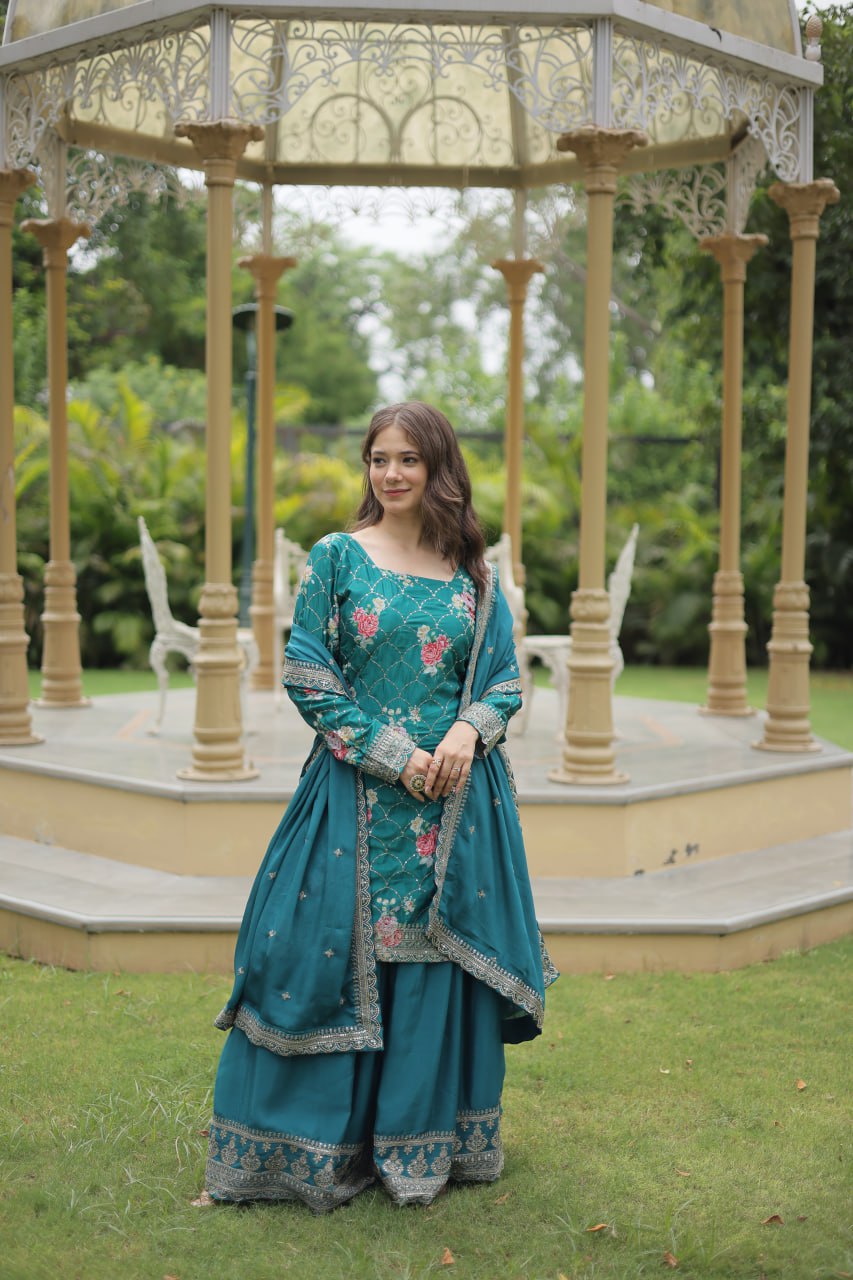 Lovely Chinon Printed Sequins Thread Worked Top Palazzo Suit - Ethnicwish