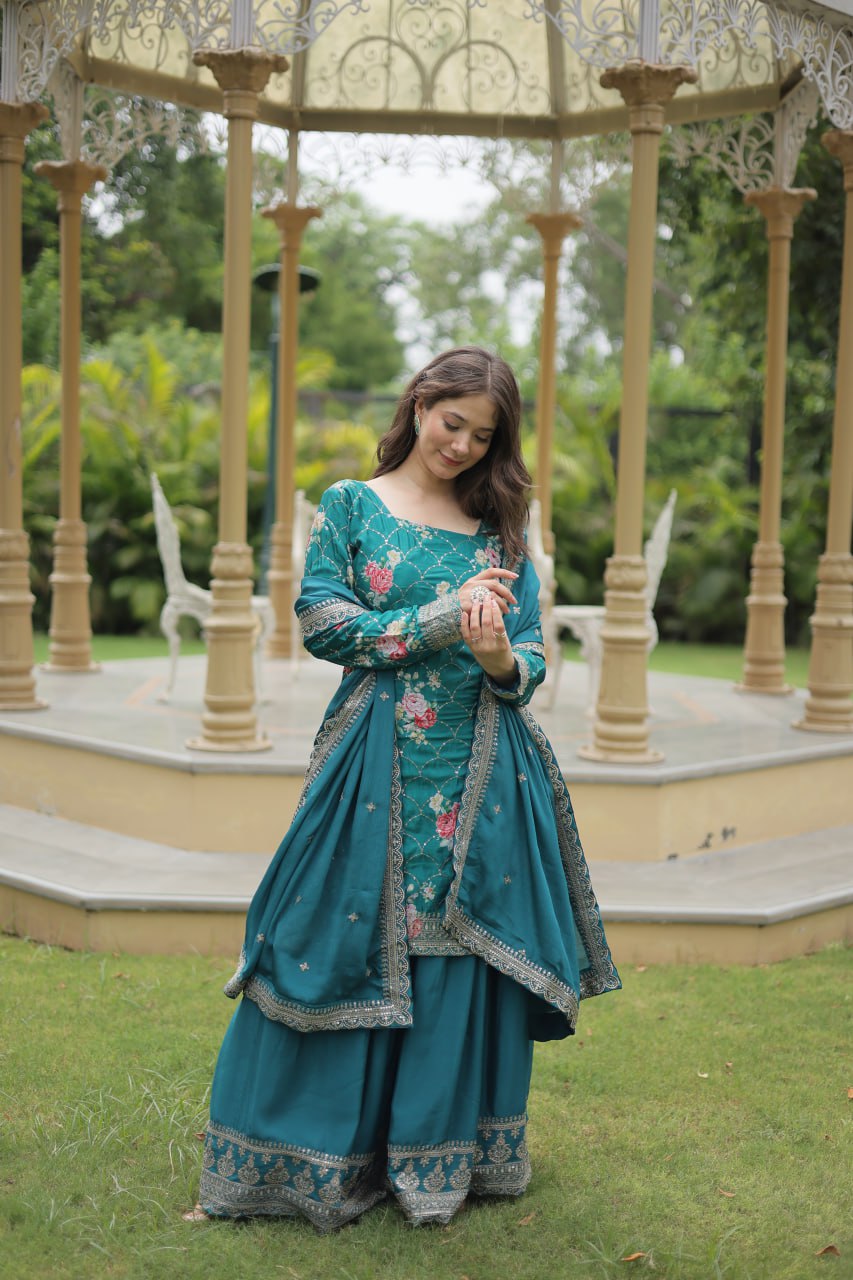 Lovely Chinon Printed Sequins Thread Worked Top Palazzo Suit - Ethnicwish