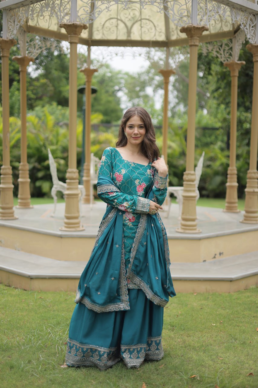 Lovely Chinon Printed Sequins Thread Worked Top Palazzo Suit - Ethnicwish
