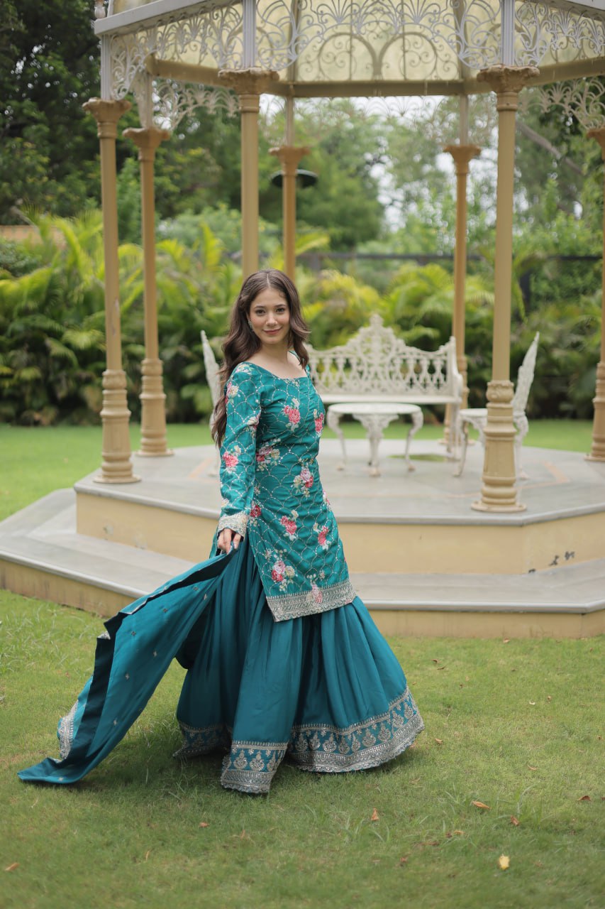Lovely Chinon Printed Sequins Thread Worked Top Palazzo Suit - Ethnicwish