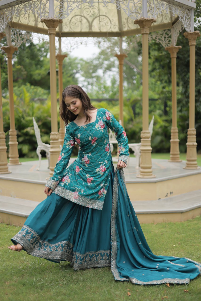 Lovely Chinon Printed Sequins Thread Worked Top Palazzo Suit - Ethnicwish