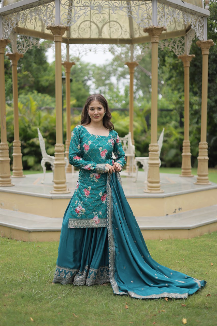 Lovely Chinon Printed Sequins Thread Worked Top Palazzo Suit - Ethnicwish