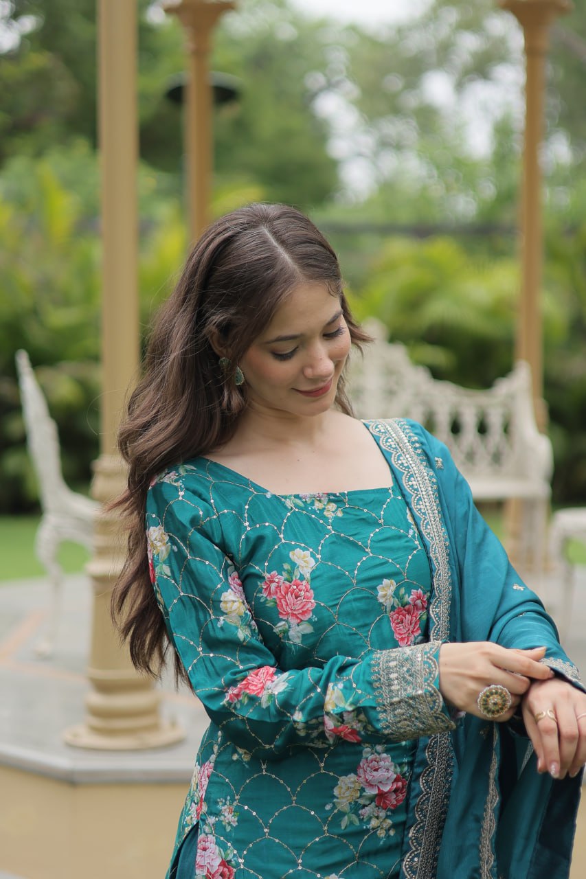 Lovely Chinon Printed Sequins Thread Worked Top Palazzo Suit - Ethnicwish