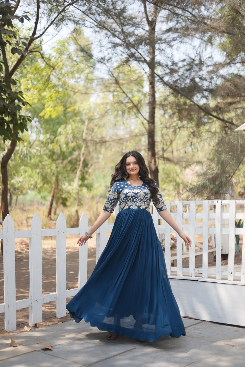 Lovely Faux Georgette Zari Sequins Worked Designer Gown - Ethnicwish