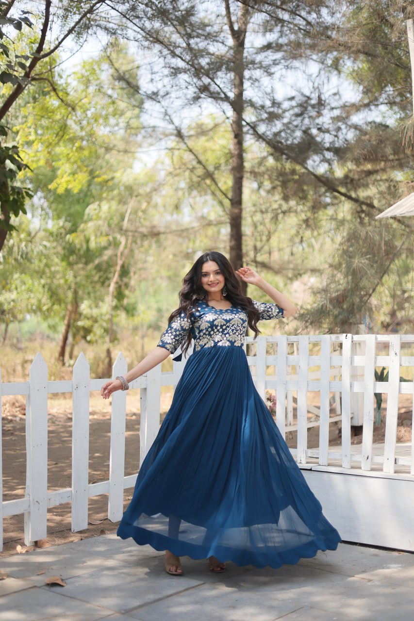 Lovely Faux Georgette Zari Sequins Worked Designer Gown - Ethnicwish