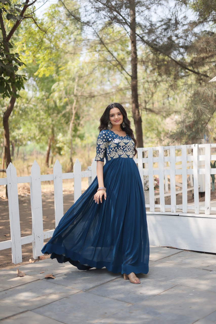 Lovely Faux Georgette Zari Sequins Worked Designer Gown - Ethnicwish
