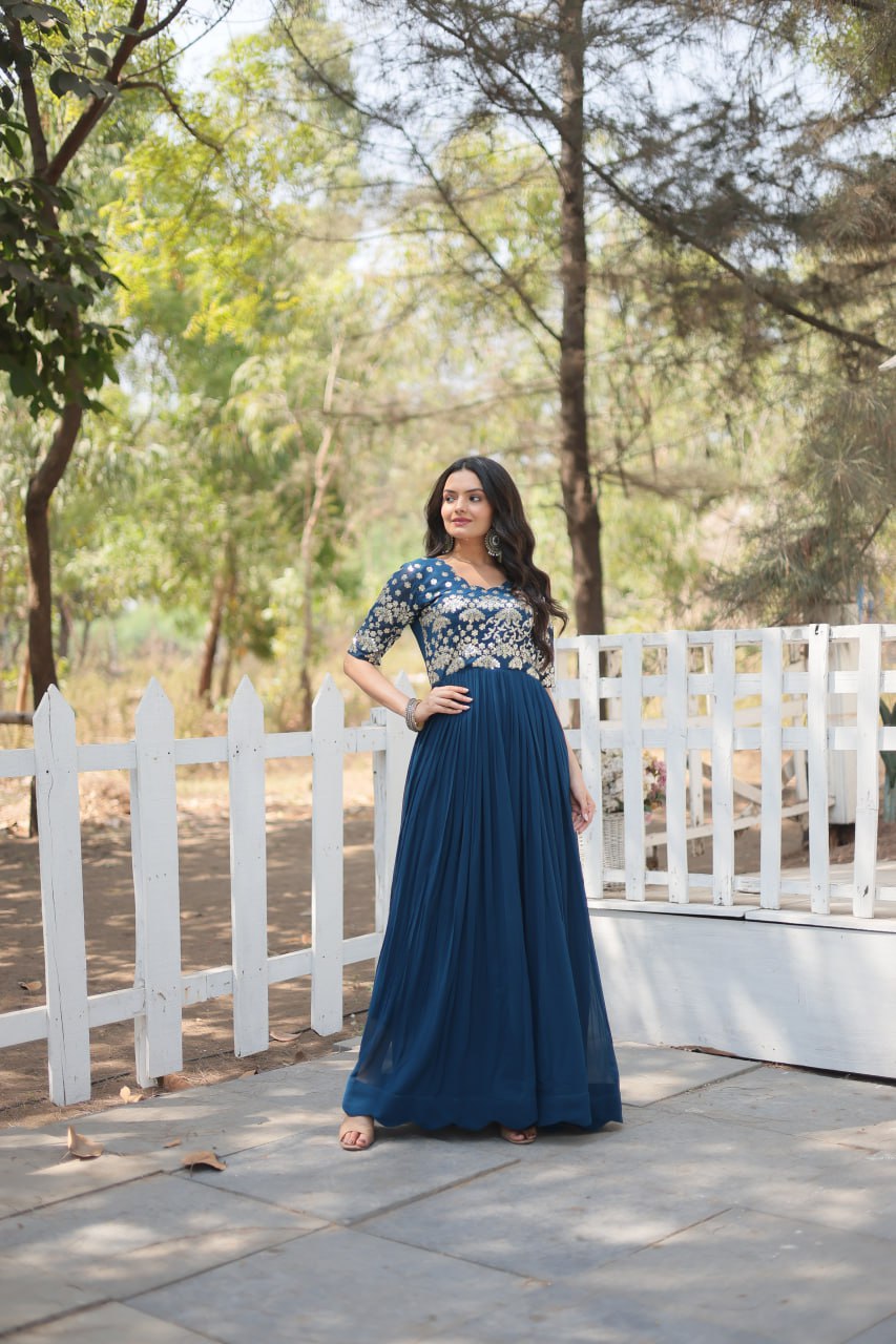 Lovely Faux Georgette Zari Sequins Worked Designer Gown - Ethnicwish