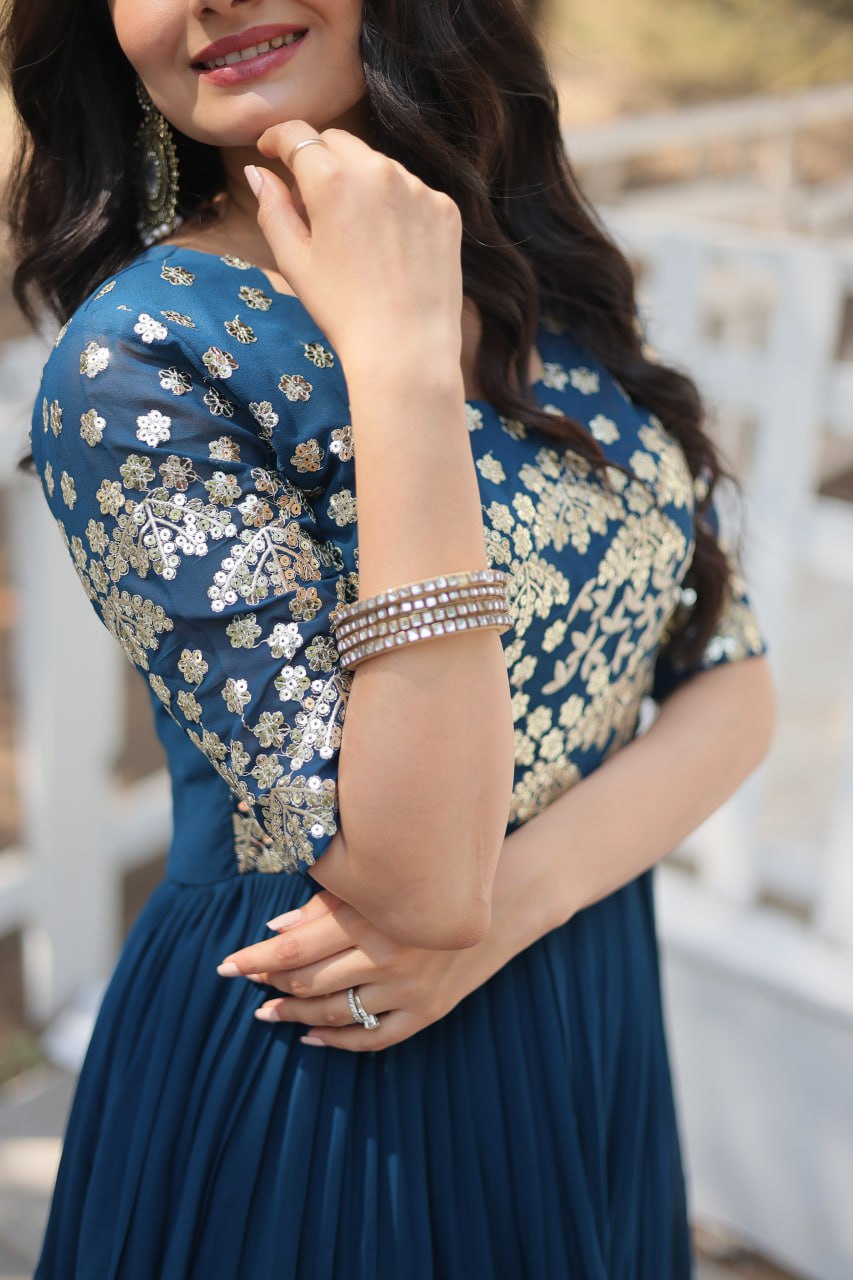 Lovely Faux Georgette Zari Sequins Worked Designer Gown - Ethnicwish