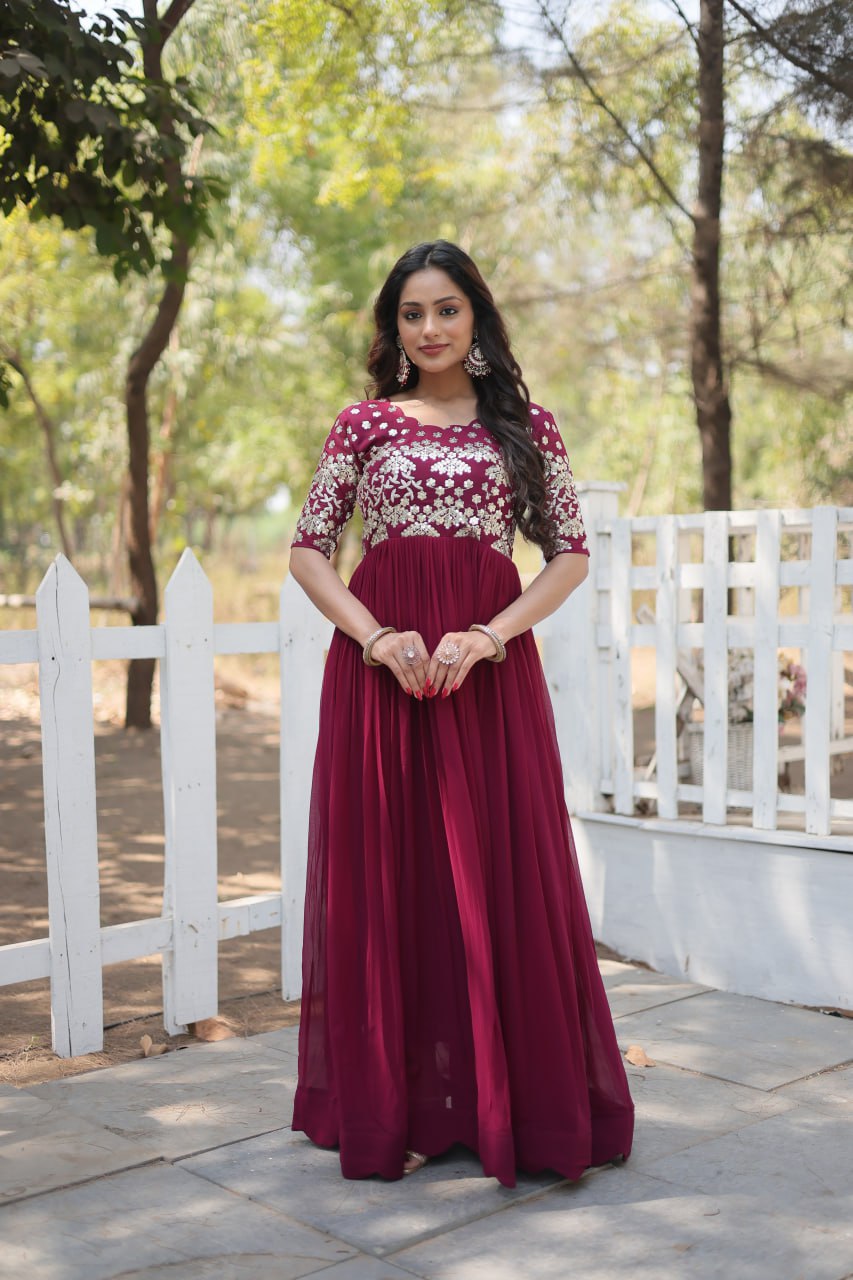 Lovely Faux Georgette Zari Sequins Worked Designer Gown - Ethnicwish