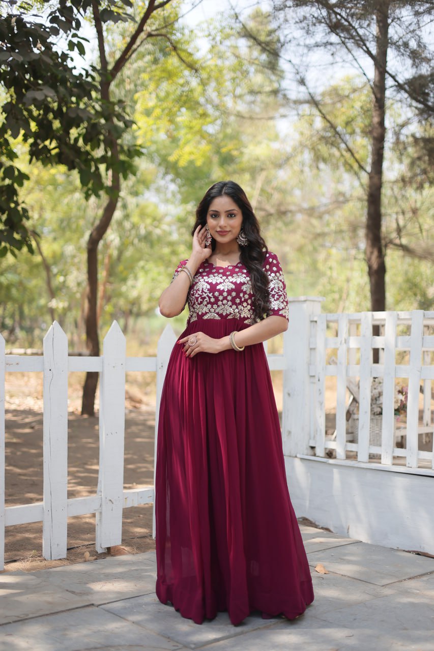Lovely Faux Georgette Zari Sequins Worked Designer Gown - Ethnicwish