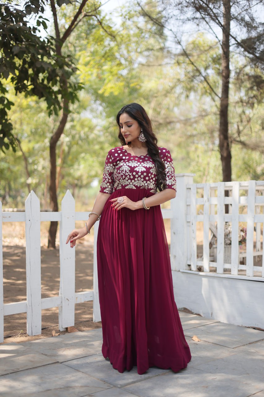 Lovely Faux Georgette Zari Sequins Worked Designer Gown - Ethnicwish