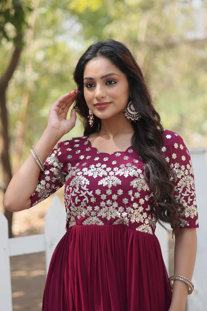 Lovely Faux Georgette Zari Sequins Worked Designer Gown - Ethnicwish