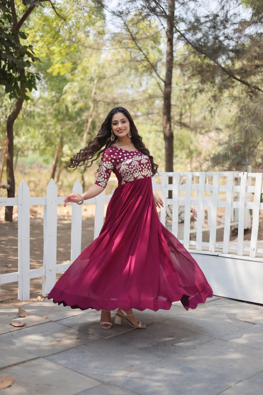 Lovely Faux Georgette Zari Sequins Worked Designer Gown - Ethnicwish