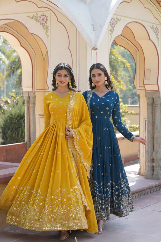 Gorgeous Faux Georgette Zari Sequins Worked Festive Wear Gown - Ethnicwish