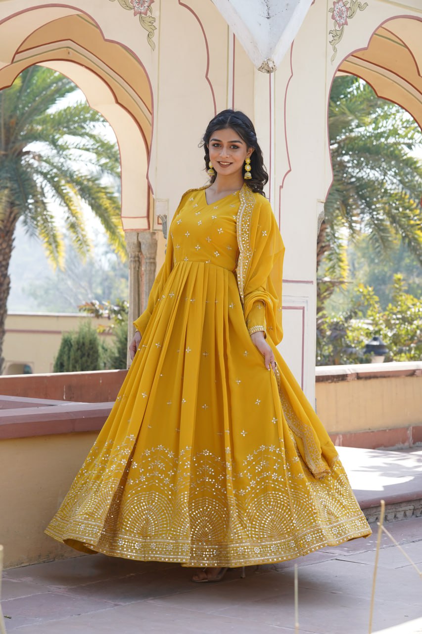 Gorgeous Faux Georgette Zari Sequins Worked Festive Wear Gown - Ethnicwish