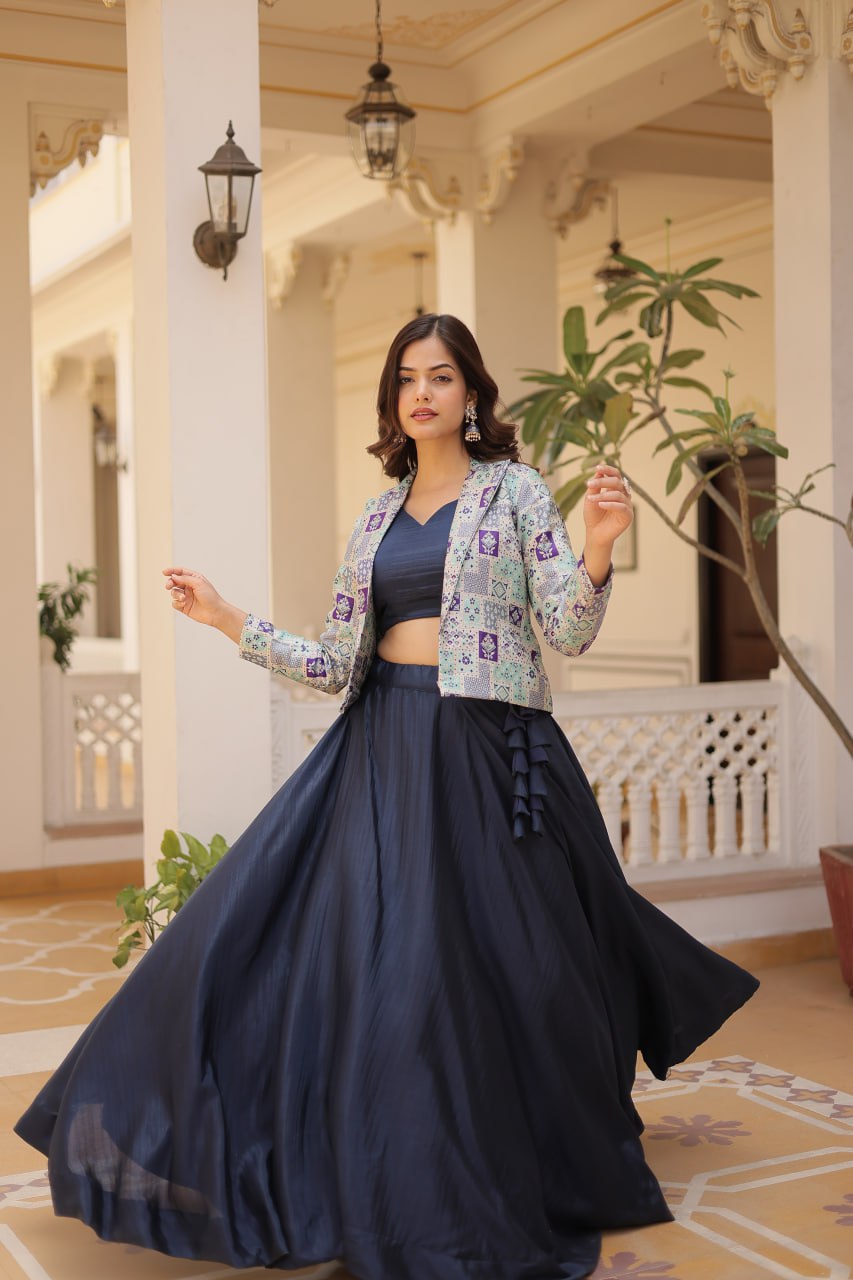 Stylish Chinon Fully Stitched Designer Lehenga Choli Koti Set - Ethnicwish