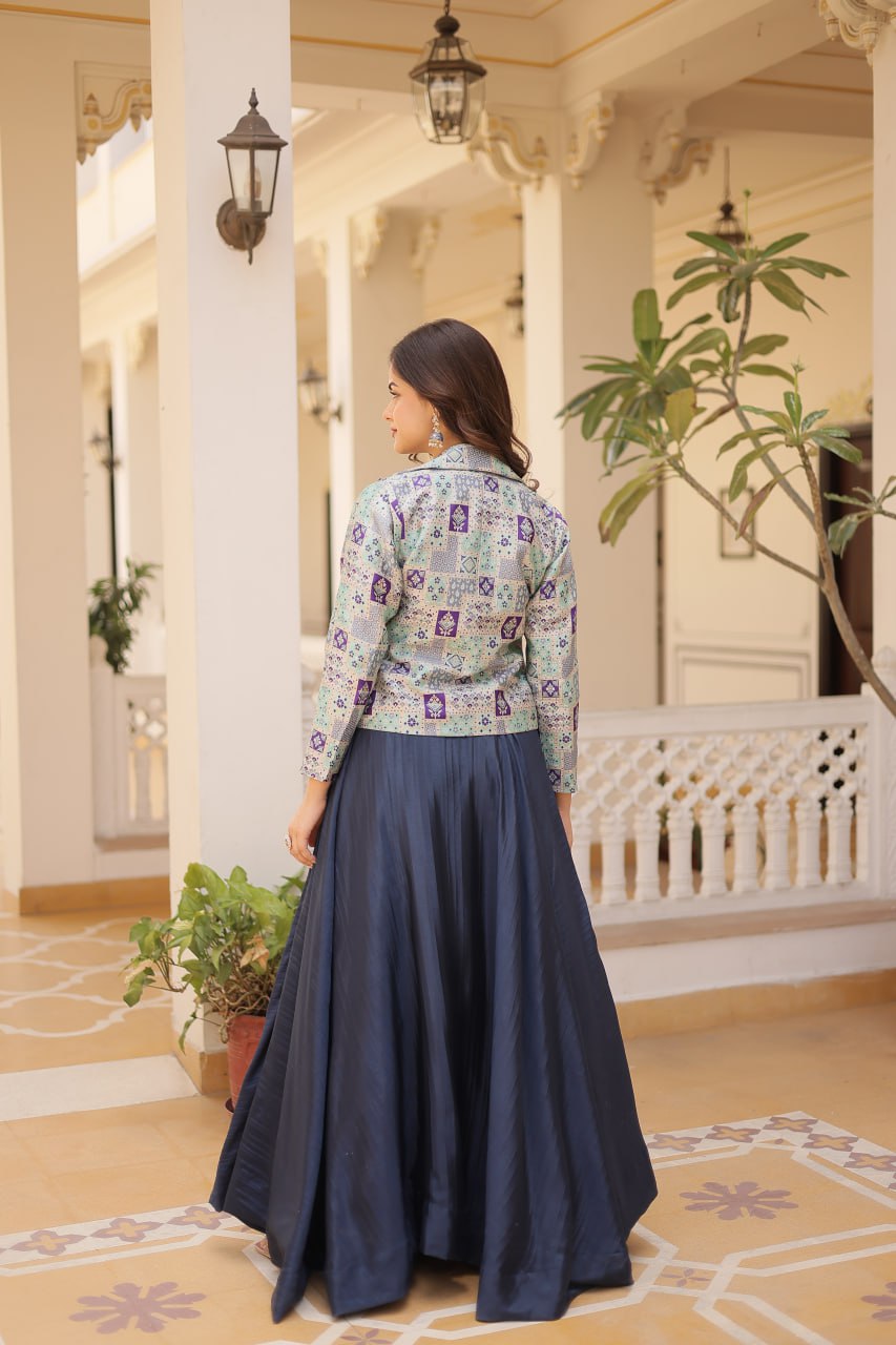 Stylish Chinon Fully Stitched Designer Lehenga Choli Koti Set - Ethnicwish