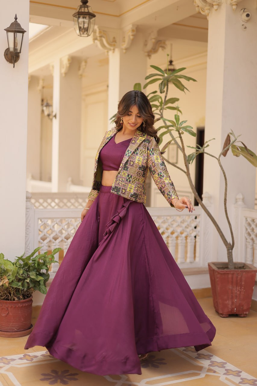 Stylish Chinon Fully Stitched Designer Lehenga Choli Koti Set - Ethnicwish