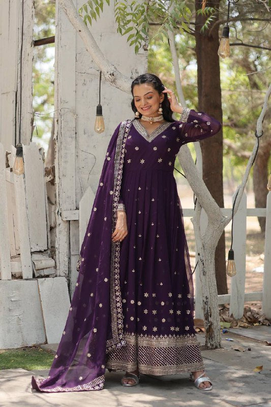 Magnificent Faux Georgette Rich Sequins Worked Designer Gown - Ethnicwish