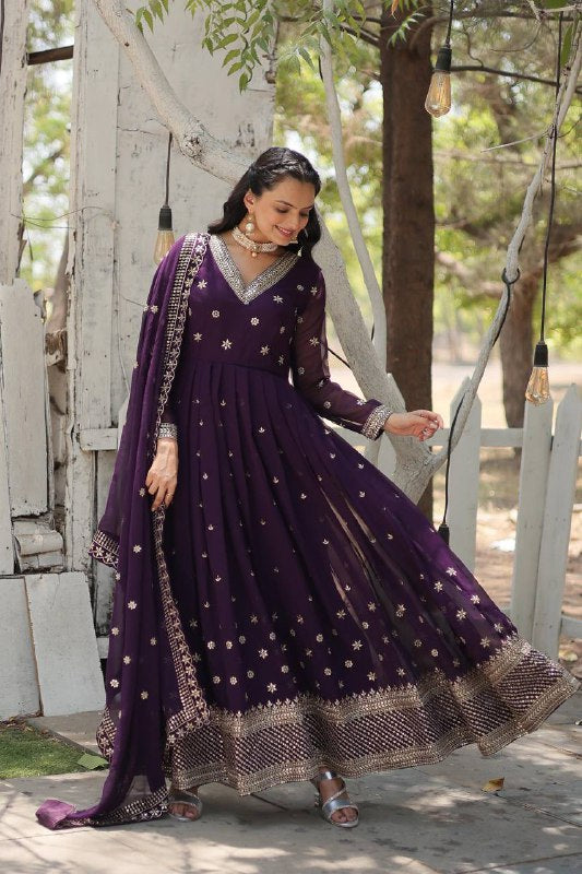 Magnificent Faux Georgette Rich Sequins Worked Designer Gown - Ethnicwish