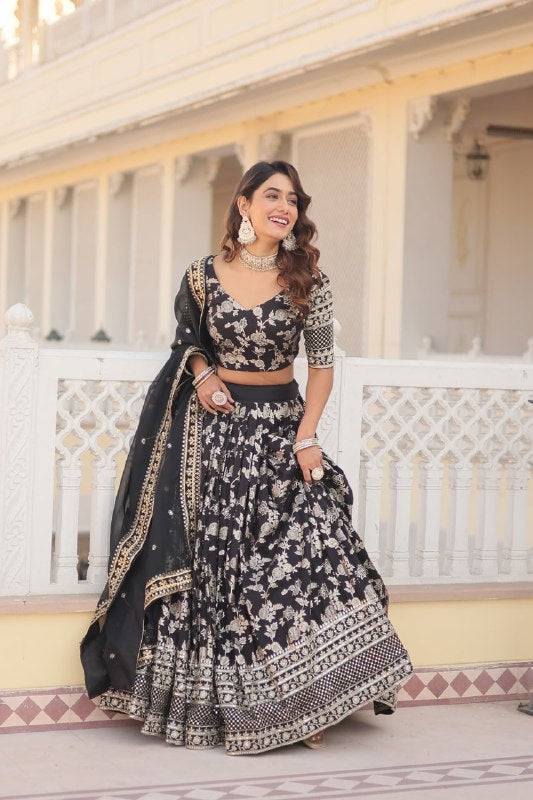 Fascinating Pure Viscous Jacquard Sequins Embroidered Lehenga Choli - Ethnicwish