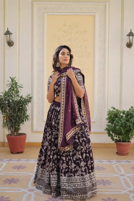 Fascinating Pure Viscous Jacquard Sequins Embroidered Lehenga Choli - Ethnicwish