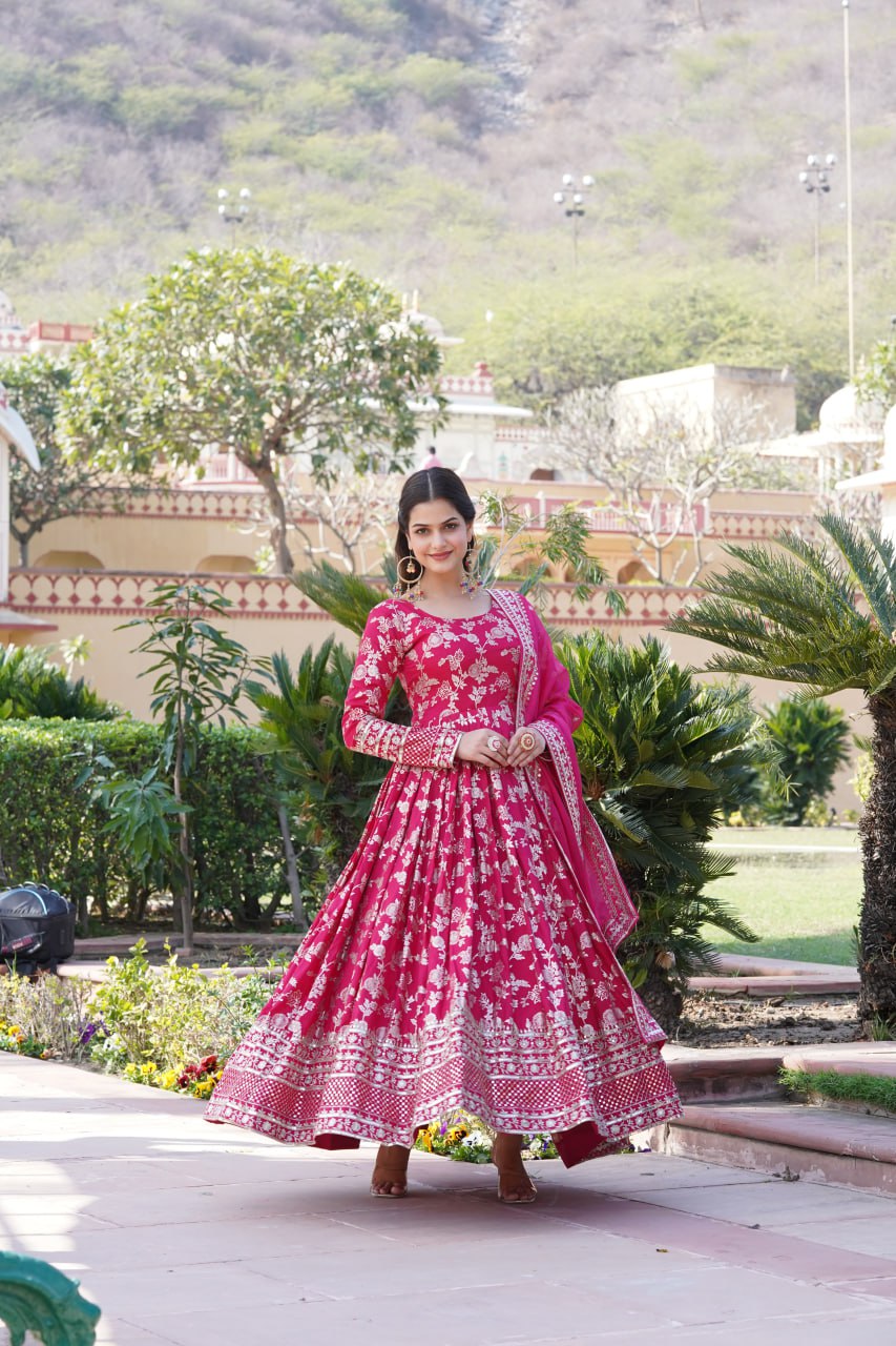 Stunning Viscous Jacquard Sequins Embroidered Designer Gown With Dupatta - Ethnicwish