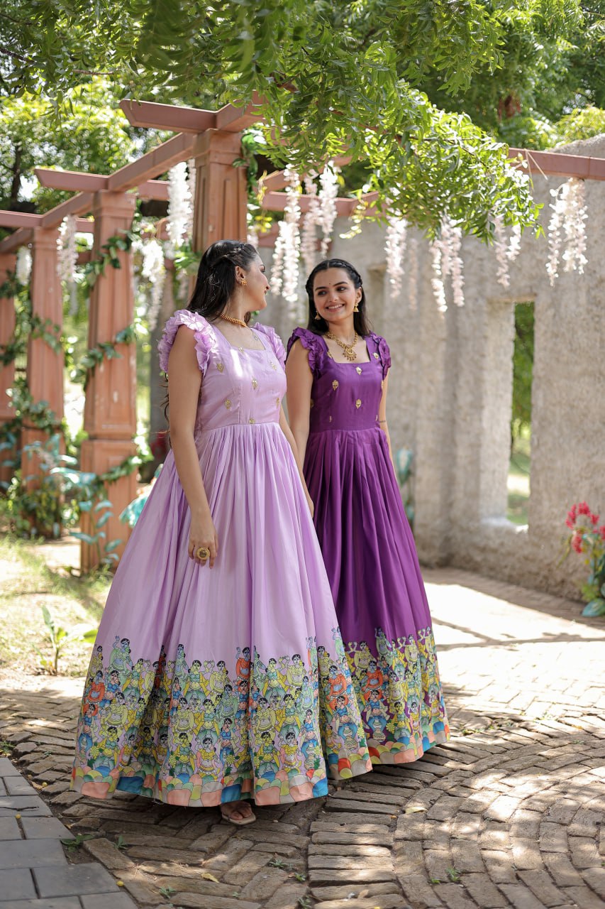 Stunning Dola Silk Designer Printed Fully Stitched Gown - Ethnicwish