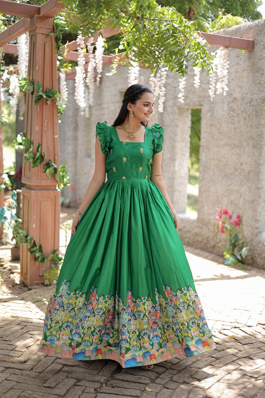 Stunning Dola Silk Designer Printed Fully Stitched Gown - Ethnicwish