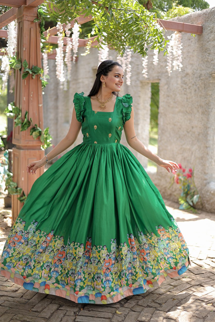Stunning Dola Silk Designer Printed Fully Stitched Gown - Ethnicwish