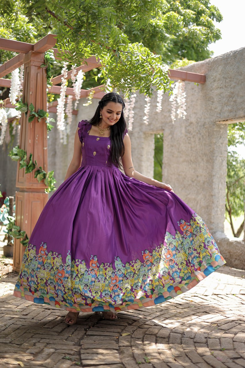 Stunning Dola Silk Designer Printed Fully Stitched Gown - Ethnicwish
