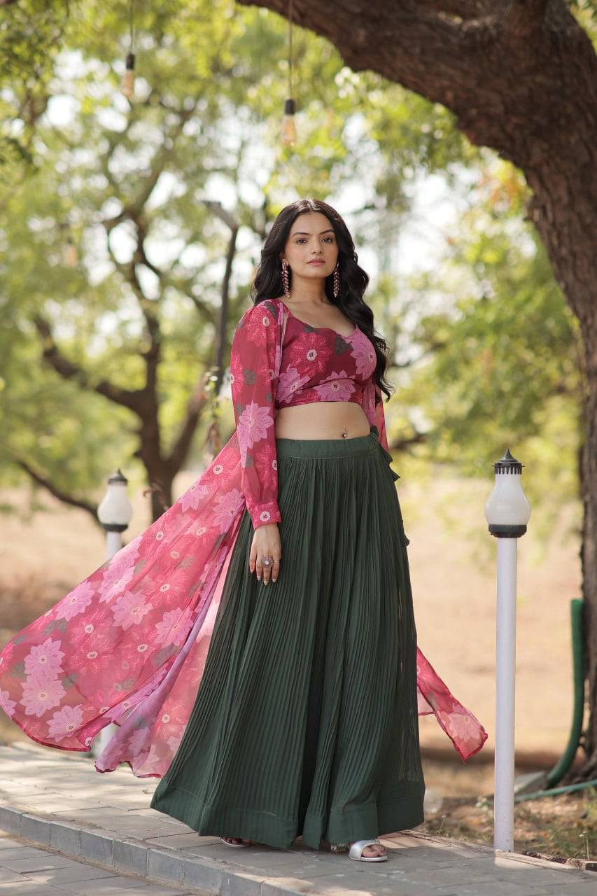 Alluring Faux Georgette Floral Printed Blouse Lehenga Shrug Set - Ethnicwish