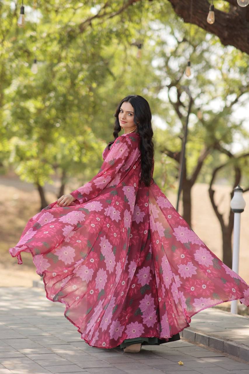 Alluring Faux Georgette Floral Printed Blouse Lehenga Shrug Set - Ethnicwish