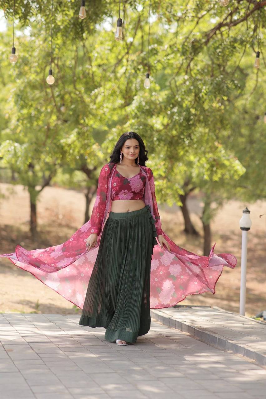 Alluring Faux Georgette Floral Printed Blouse Lehenga Shrug Set - Ethnicwish