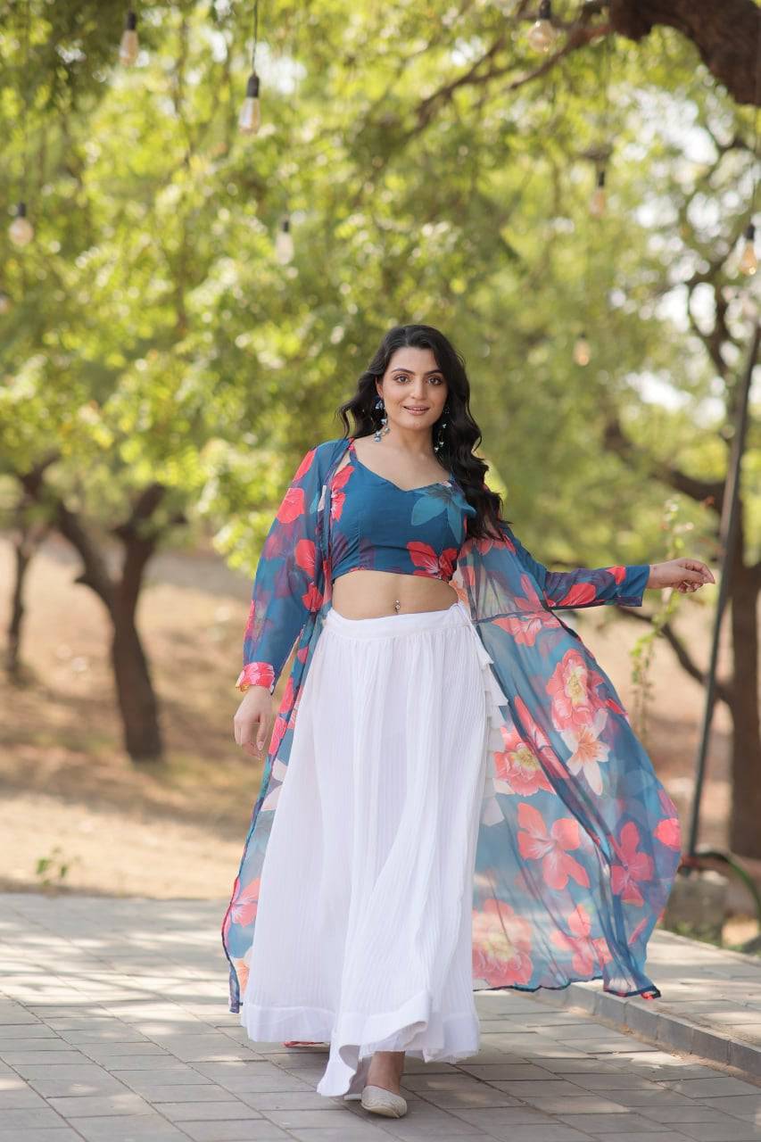 Alluring Faux Georgette Floral Printed Blouse Lehenga Shrug Set - Ethnicwish