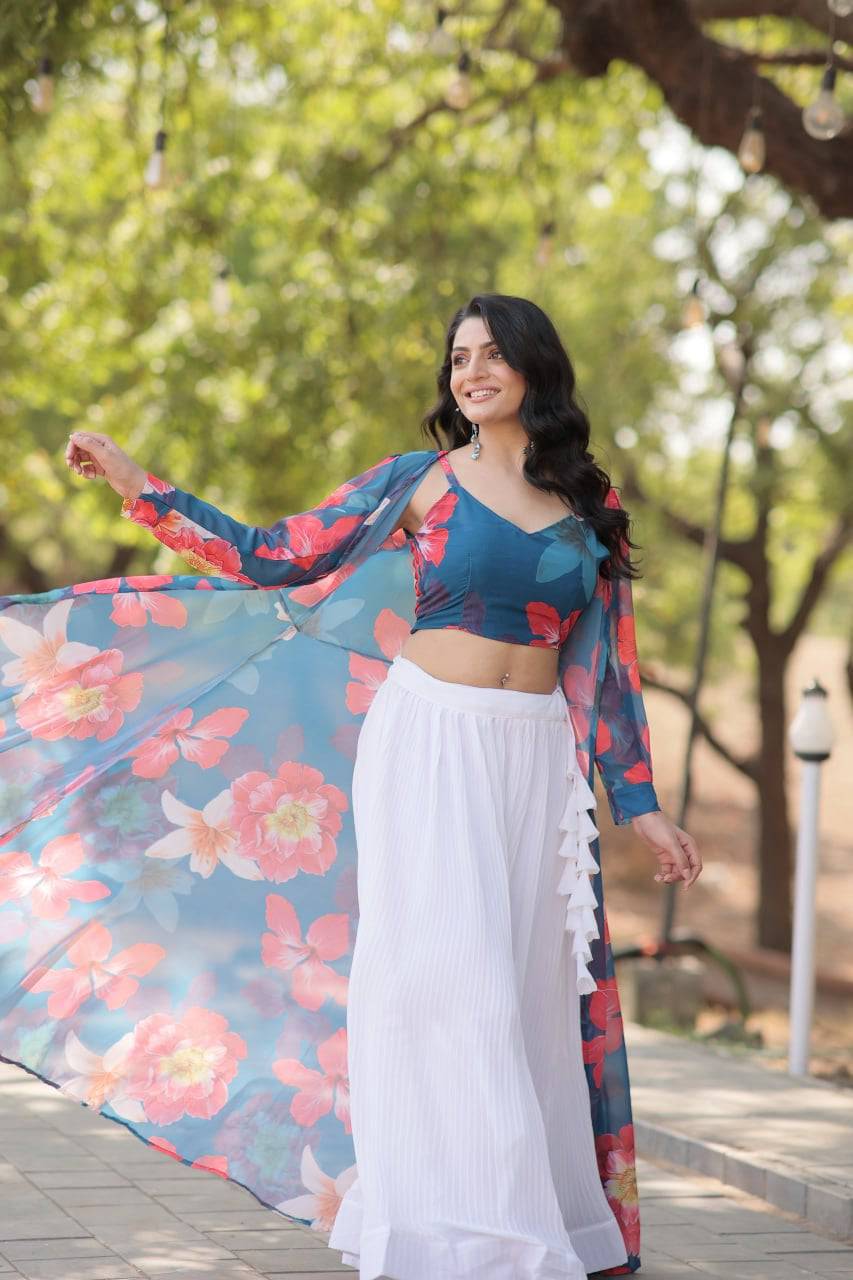 Alluring Faux Georgette Floral Printed Blouse Lehenga Shrug Set - Ethnicwish