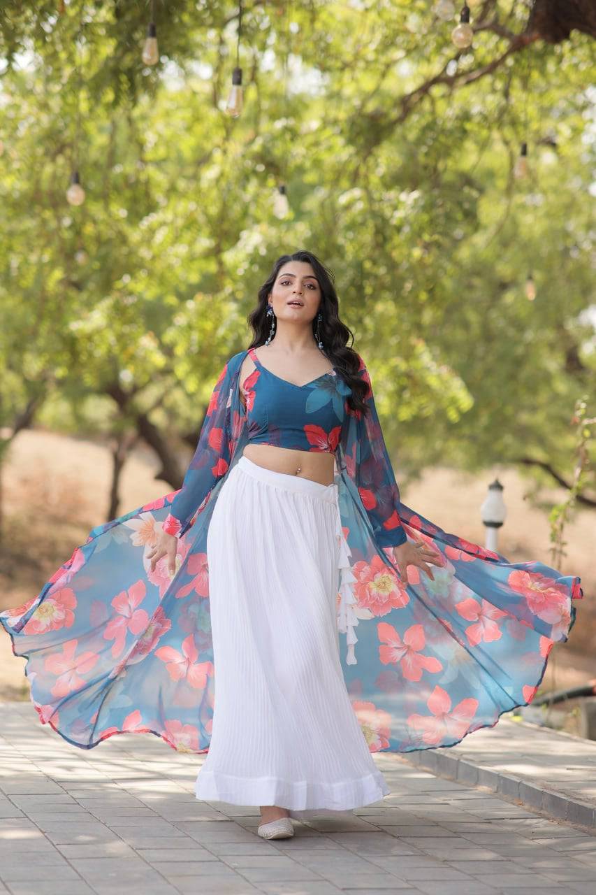 Alluring Faux Georgette Floral Printed Blouse Lehenga Shrug Set - Ethnicwish