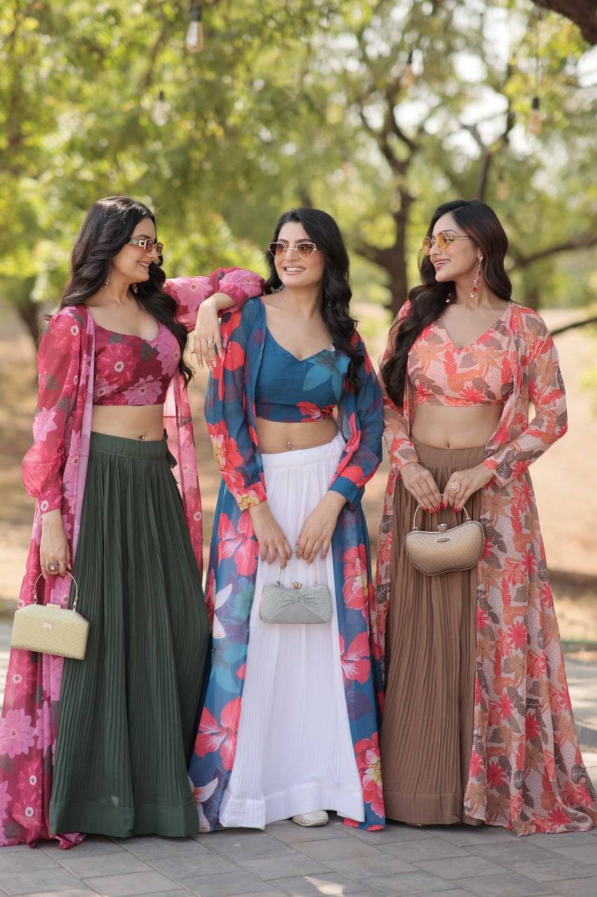 Alluring Faux Georgette Floral Printed Blouse Lehenga Shrug Set - Ethnicwish