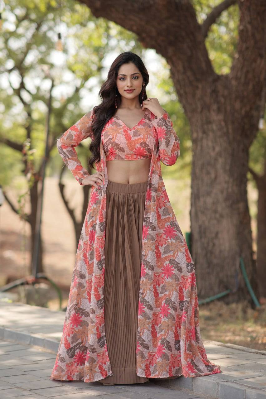 Alluring Faux Georgette Floral Printed Blouse Lehenga Shrug Set - Ethnicwish
