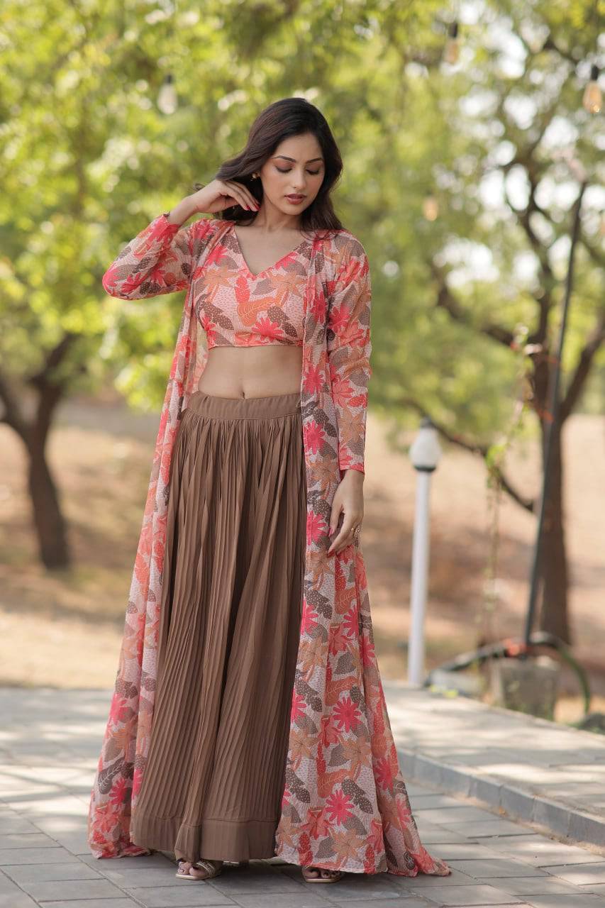 Alluring Faux Georgette Floral Printed Blouse Lehenga Shrug Set - Ethnicwish