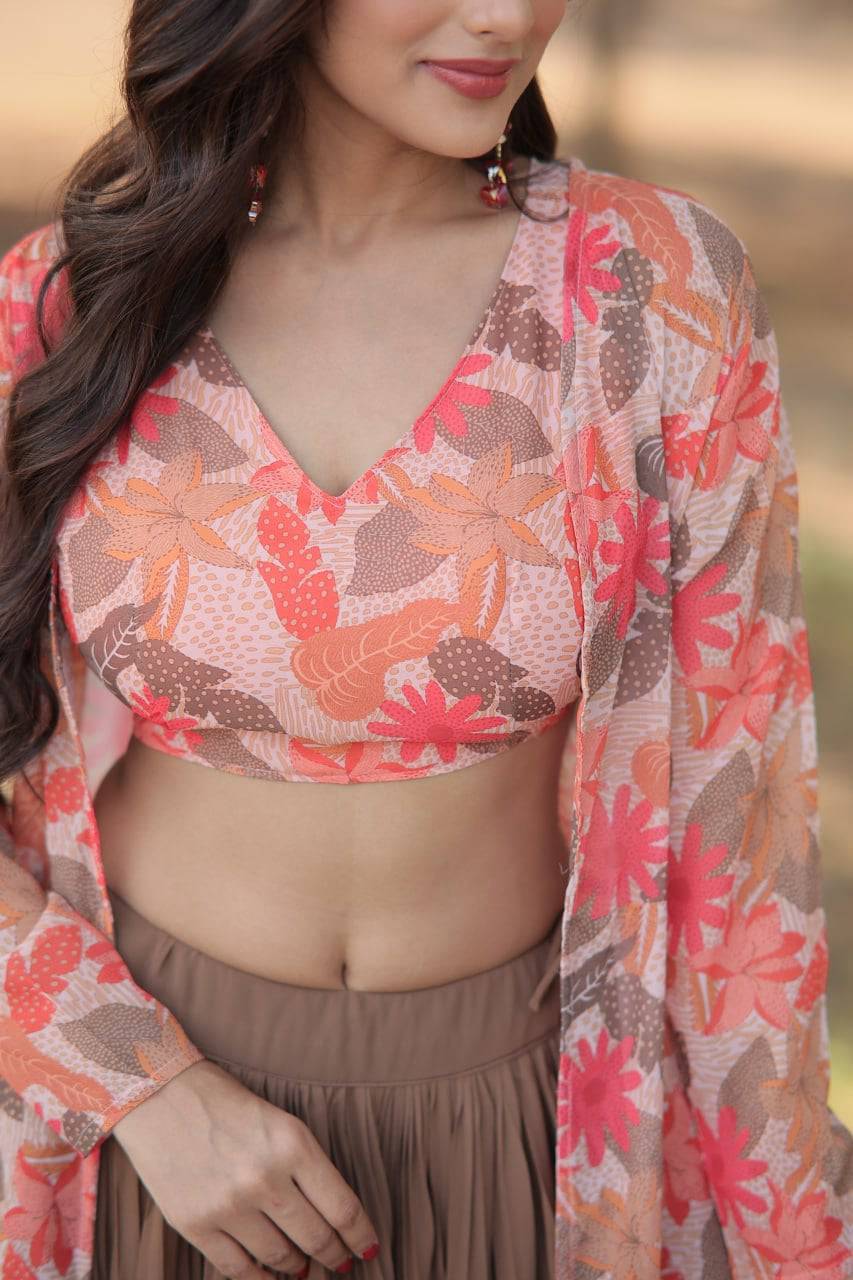 Alluring Faux Georgette Floral Printed Blouse Lehenga Shrug Set - Ethnicwish