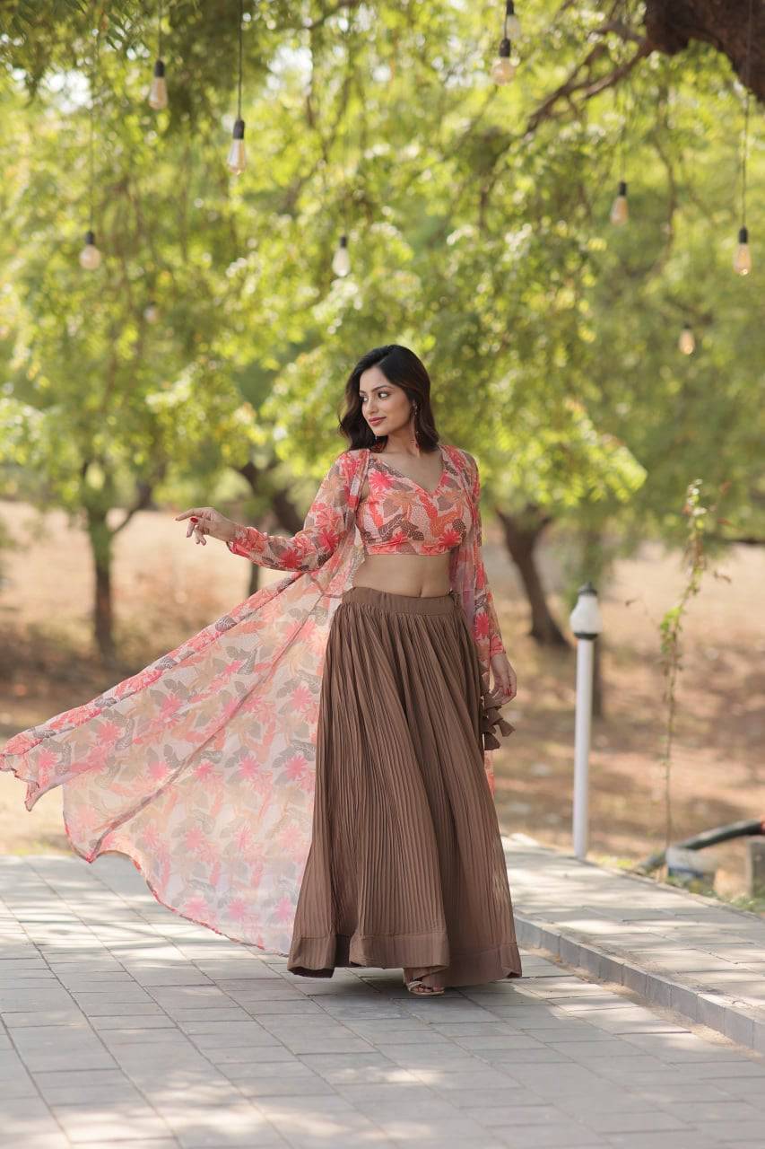 Alluring Faux Georgette Floral Printed Blouse Lehenga Shrug Set - Ethnicwish