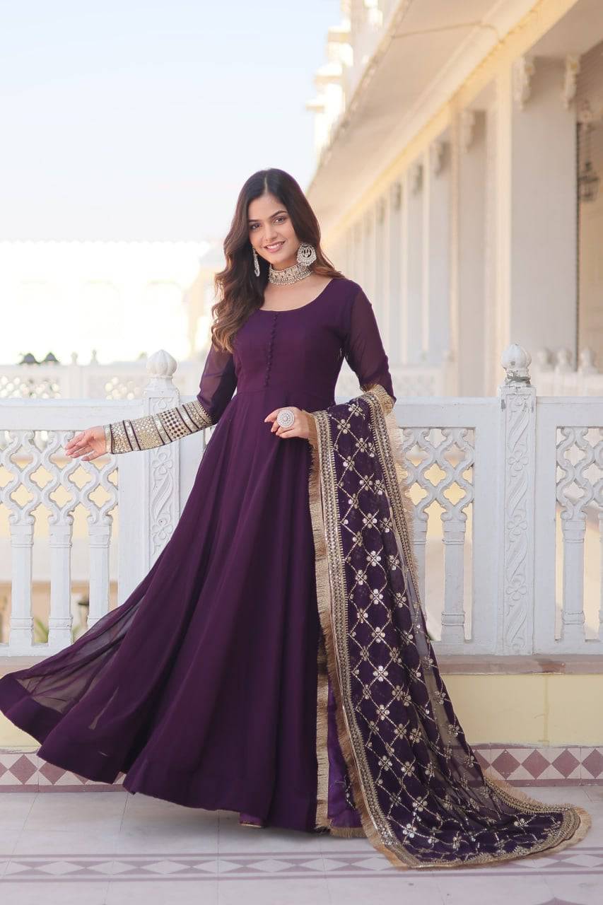 Intriguing Faux Georgette Sequins Embroidered Gown With Dupatta - Ethnicwish