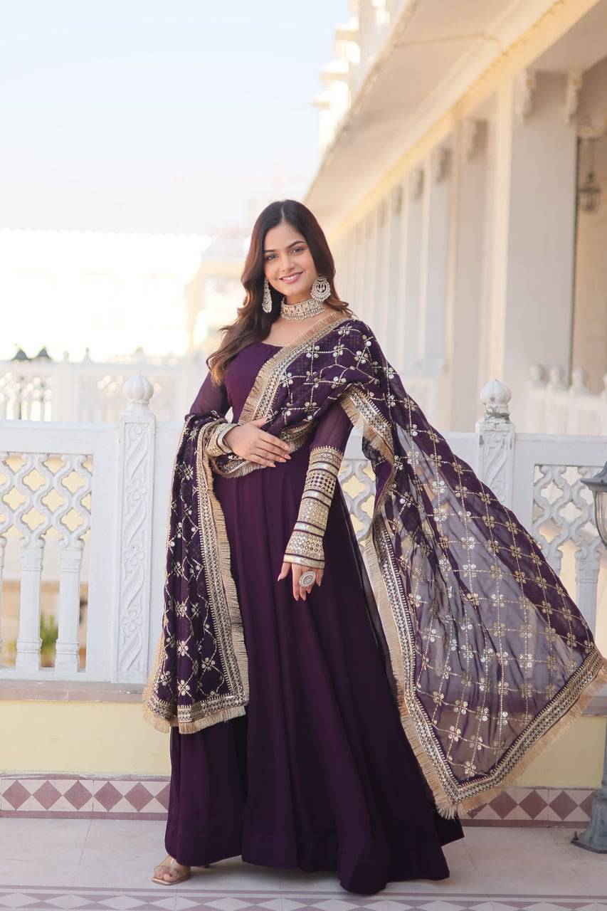 Intriguing Faux Georgette Sequins Embroidered Gown With Dupatta - Ethnicwish