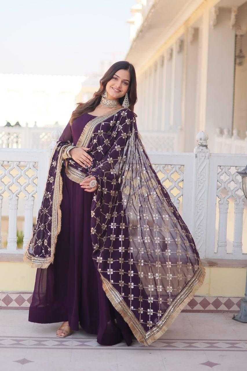 Intriguing Faux Georgette Sequins Embroidered Gown With Dupatta - Ethnicwish