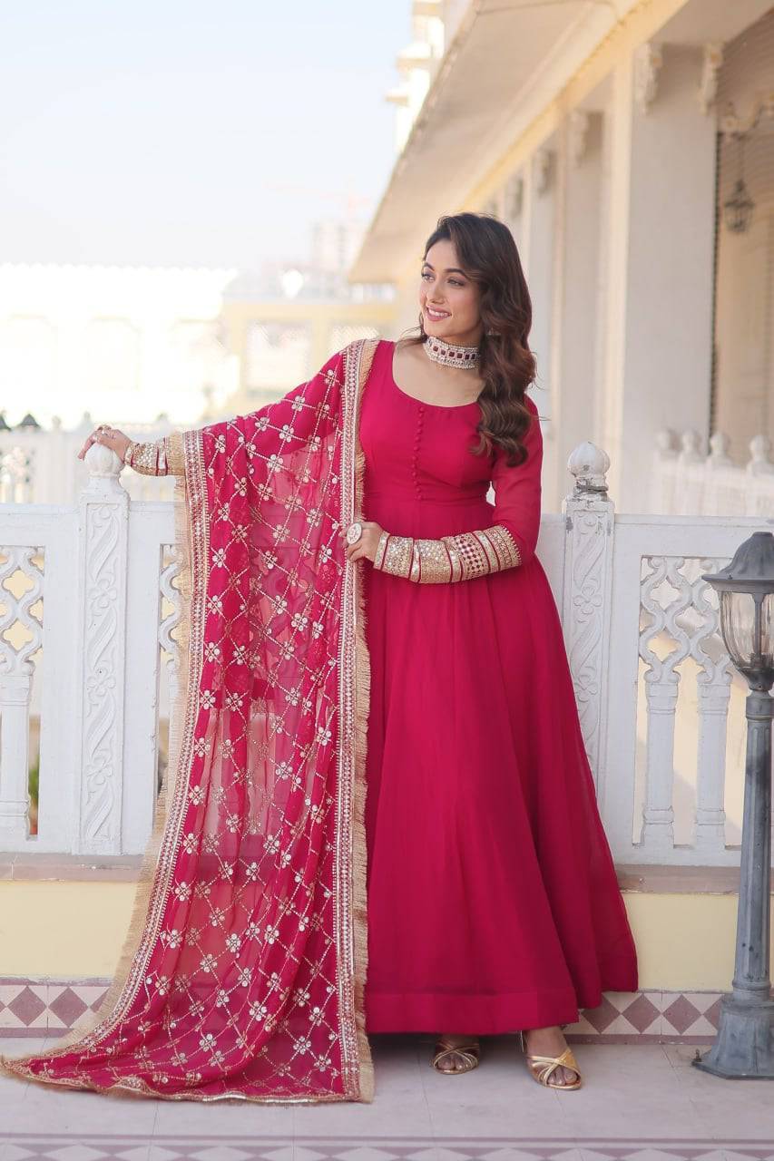 Intriguing Faux Georgette Sequins Embroidered Gown With Dupatta - Ethnicwish