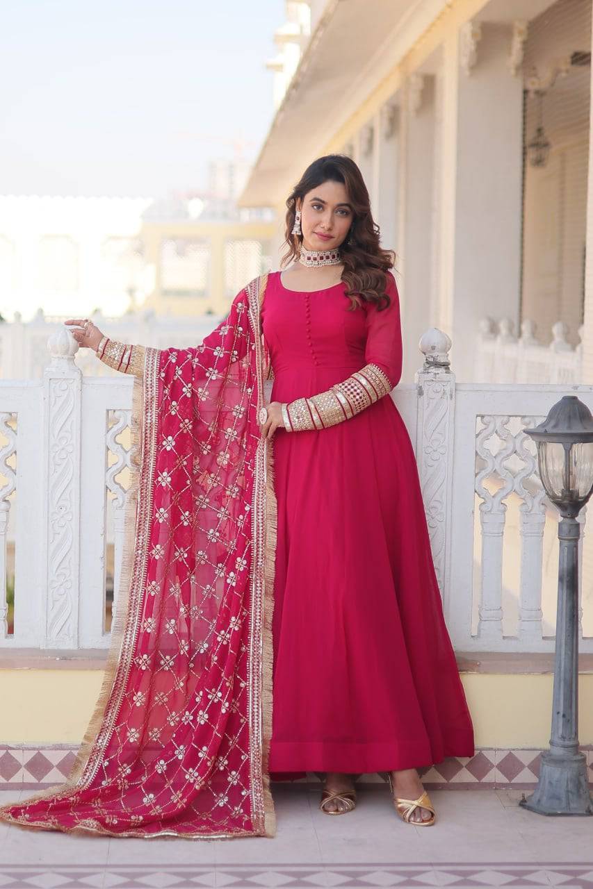 Intriguing Faux Georgette Sequins Embroidered Gown With Dupatta - Ethnicwish